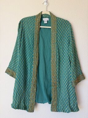 Soft Surroundings Silk Kimono Jacket Teal Gold Beaded Boho Open L